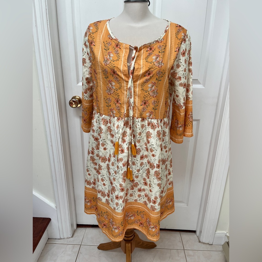 Patterned
Tunic Dress Loose Peplum Double-Tassel Tie Boho
